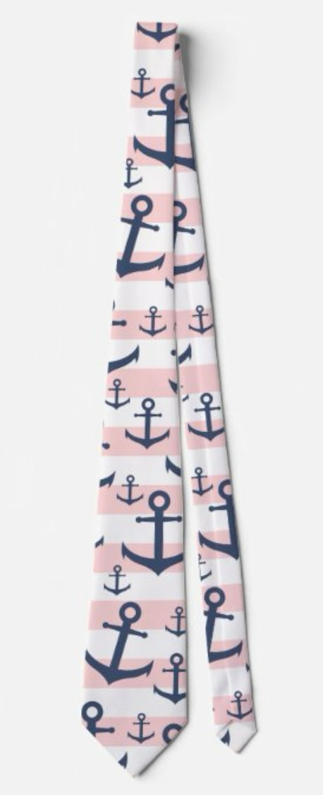 Pink & White Striped Nautical Necktie with Large Anchors  $40.00
