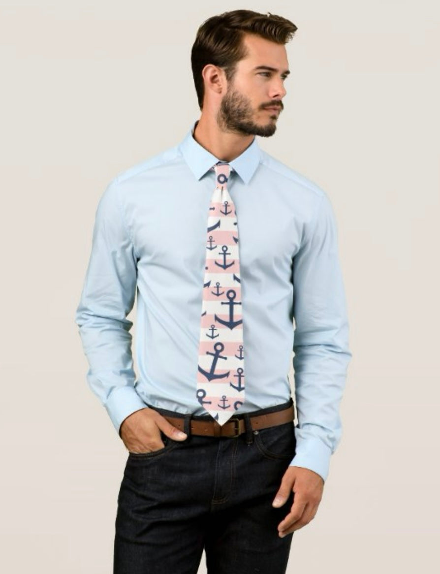 Pink & White Striped Nautical Necktie with Large Anchors  $40.00