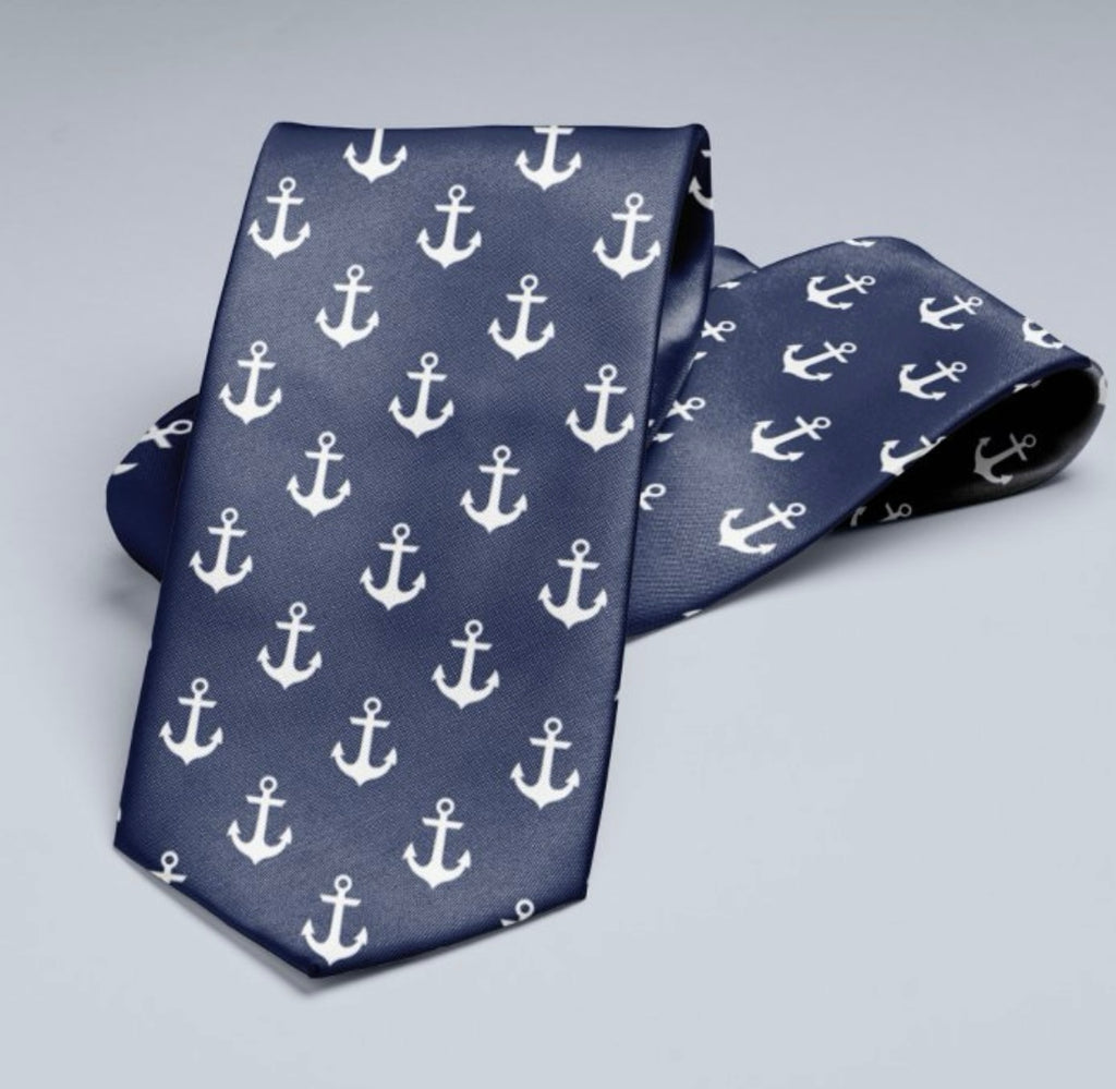Navy & White All-Over Anchor Necktie 55” Length. $40.00
