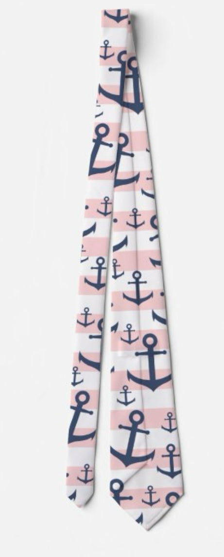 Pink & White Striped Nautical Necktie with Large Anchors  $40.00