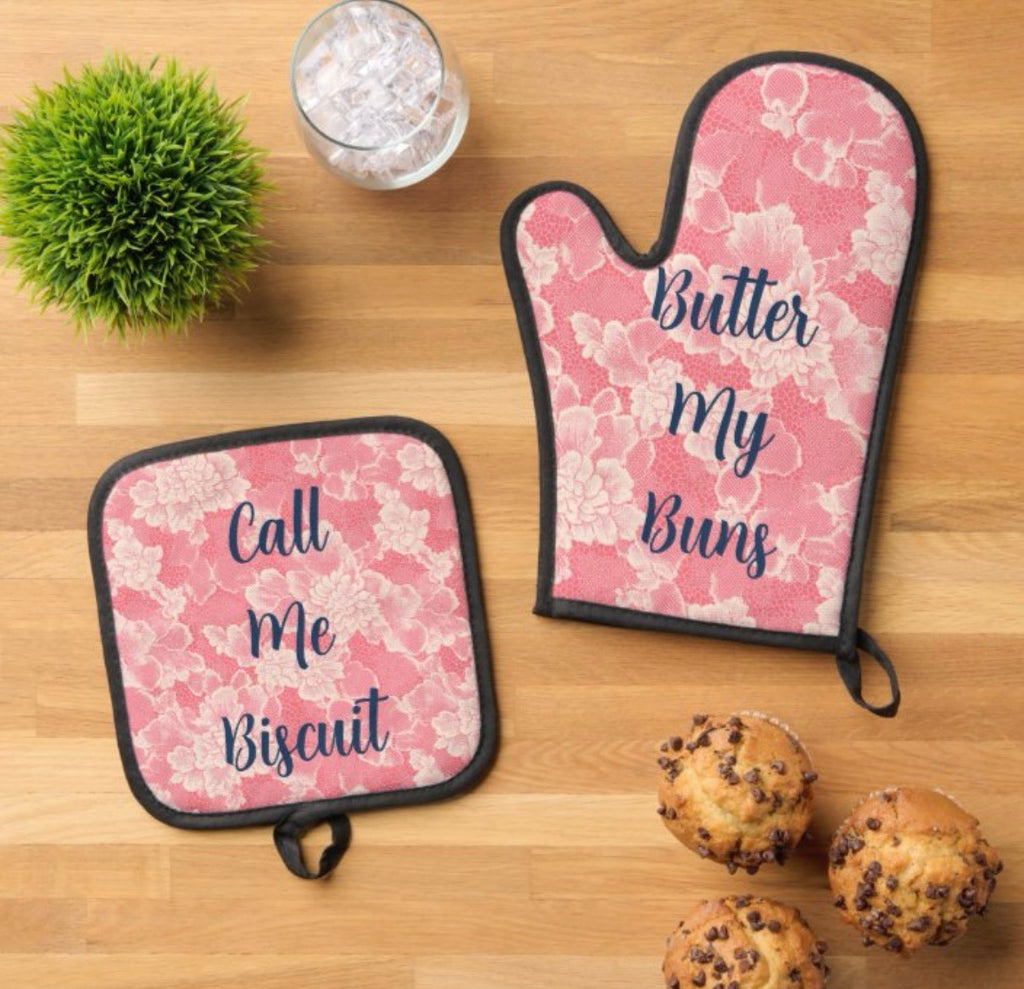 "Butter My Buns/Call Me Biscuit" Oven Mitt & Pot Holder Set  $25.00