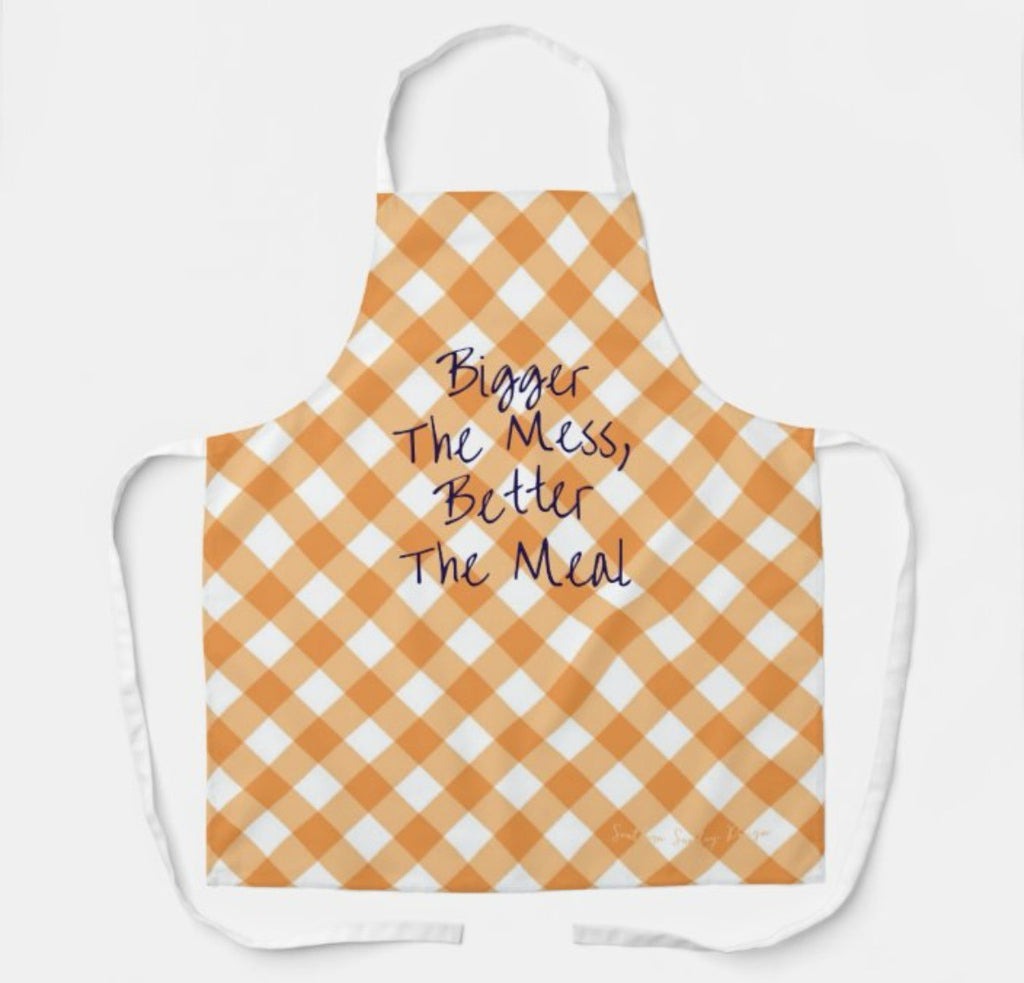 "Bigger The Mess, Better The Meal" Orange & White Check Apron Size M.    $30.00