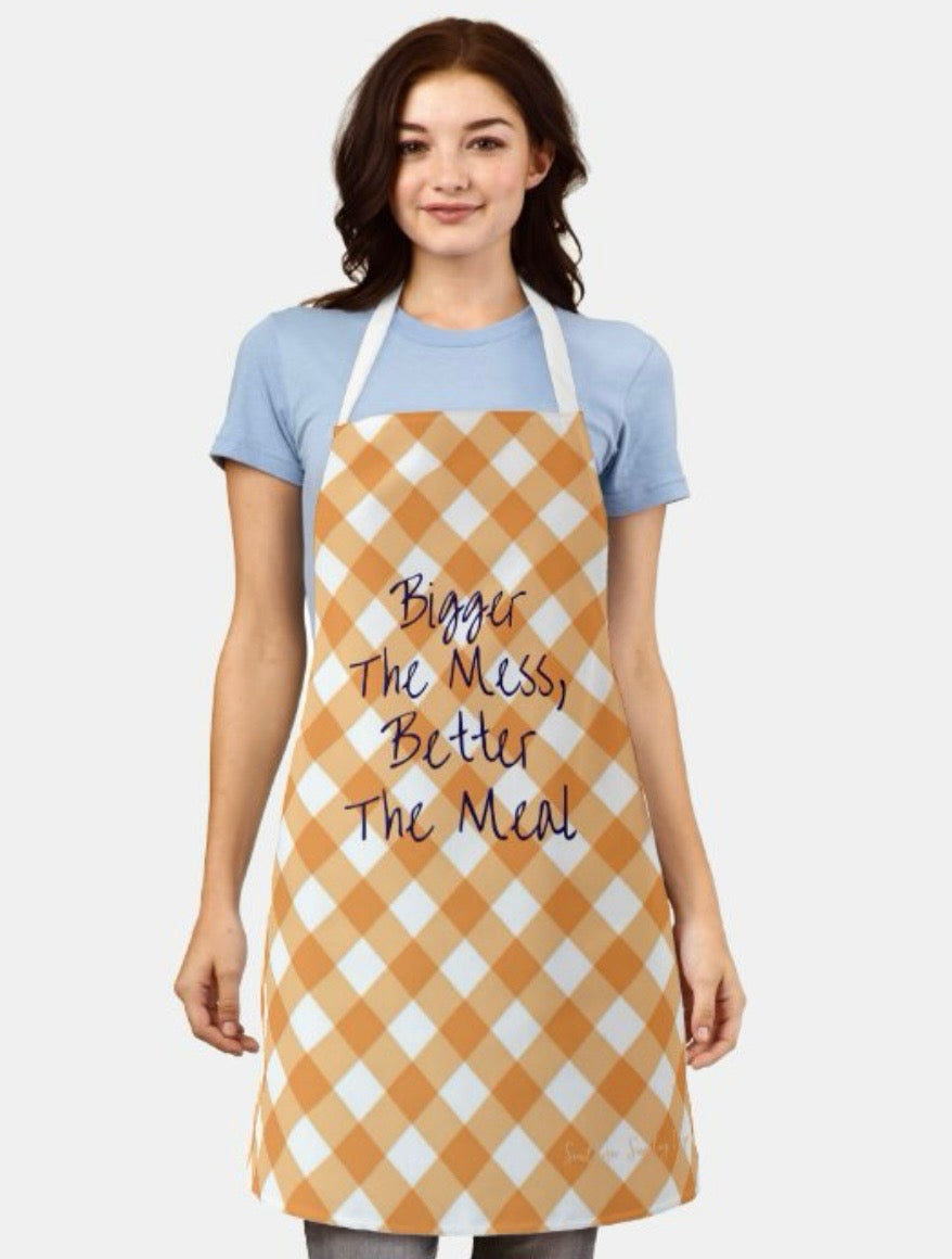 "Bigger The Mess, Better The Meal" Orange & White Check Apron Size M.    $30.00