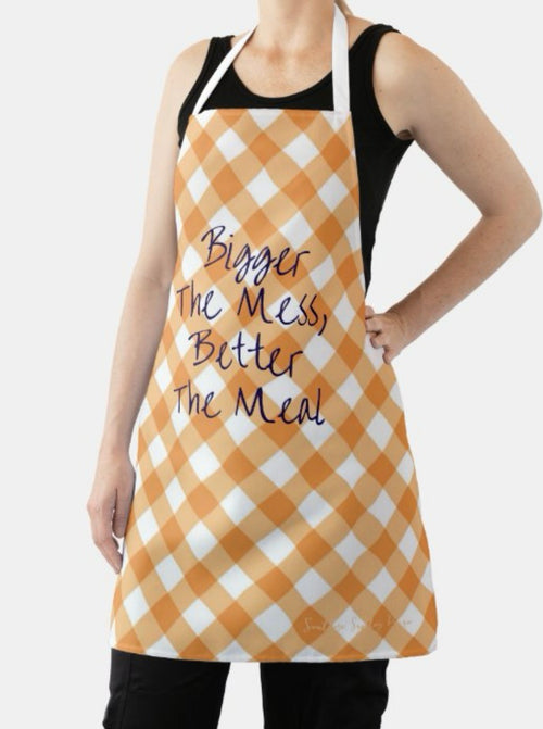 "Bigger The Mess, Better The Meal" Orange & White Check Apron Size M.    $30.00